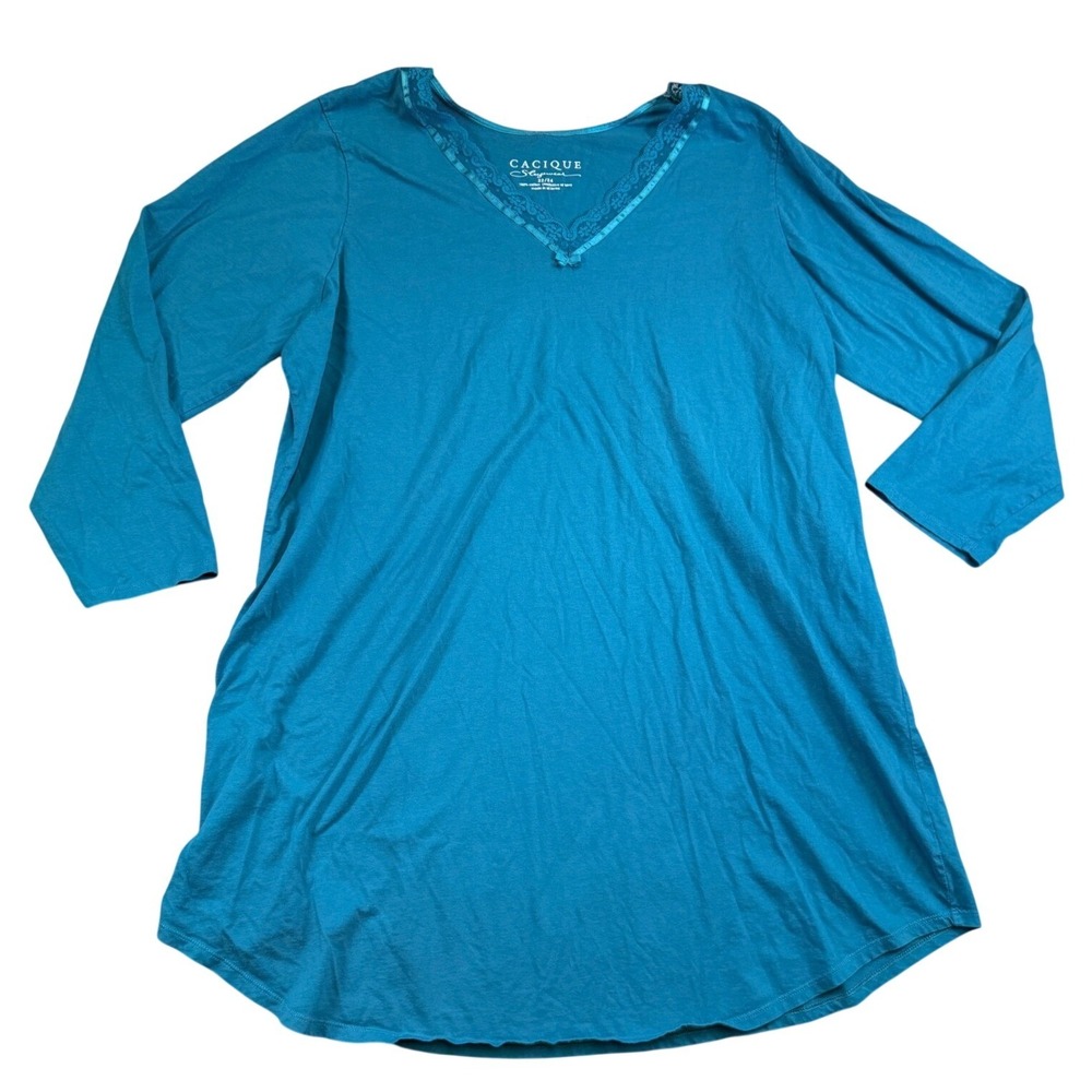 Cacique‎ Sleepwear Womens 22/24 Teal Blue Lace Trim Cotton Nightgown 3/4 Sleeve